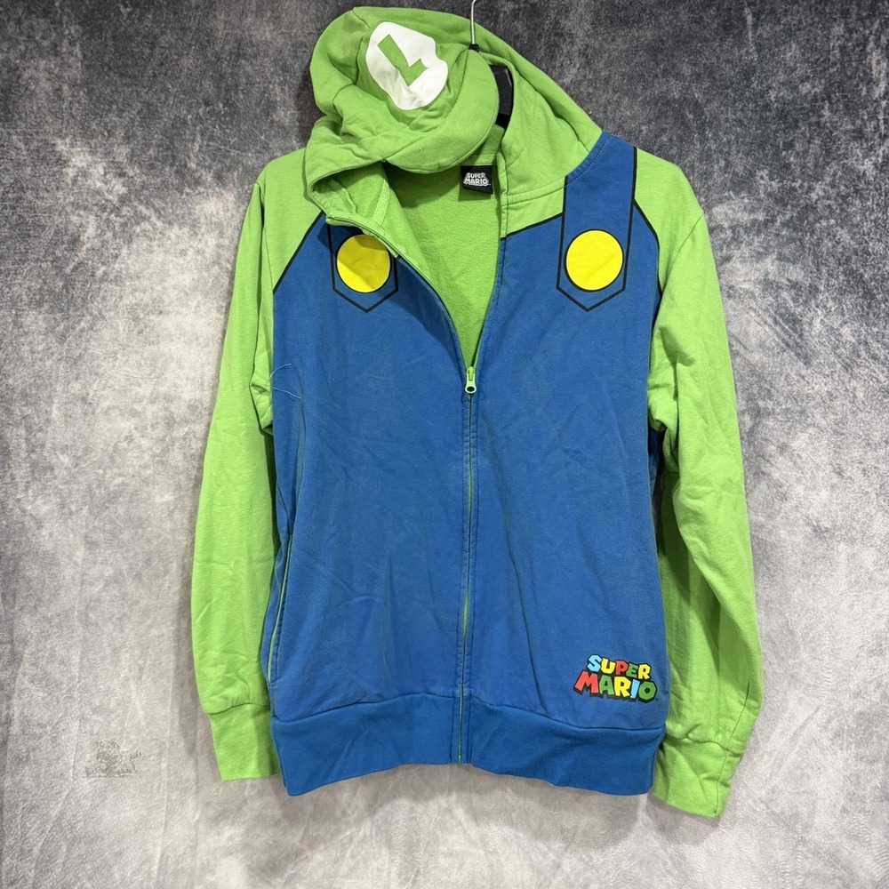 Super Mario Luigi Costume Hoodie Men’s S/M Green Blue Full Zip Cosplay Nintendo